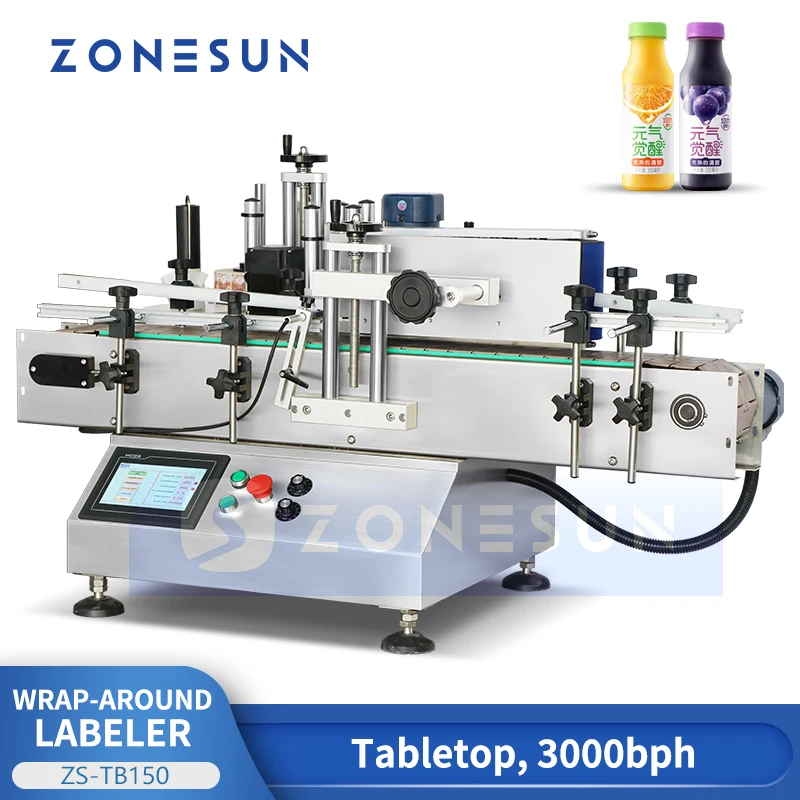 

ZONESUN Wrap Around Labeler Cylindrical Containers Bottle Sticker Chain Belt Tabletop Round Bottle Labeling Machine ZS-TB150