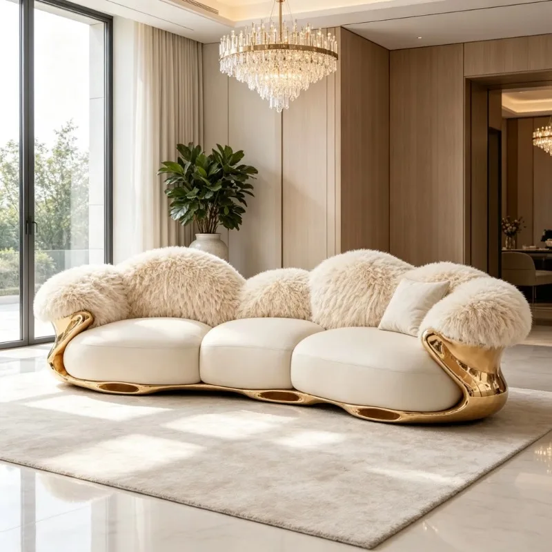 Glossy gold wavy frame three-seater sofa, cream-colored, smooth soft pad, fiberglass eco-friendly sofa bed set