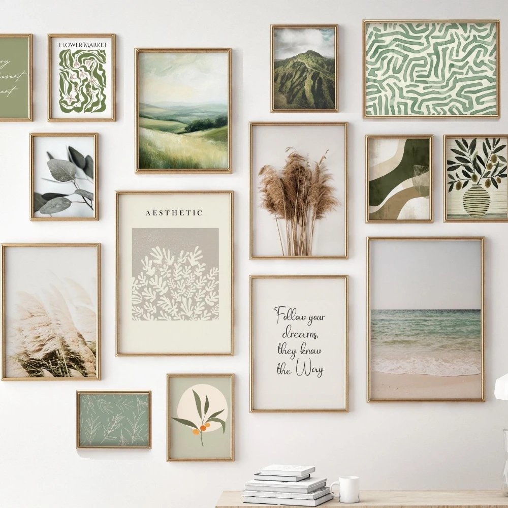 Boho Sage Green Gallery Wall Art Poster Abstract Neutral Aesthetic Green Gallery Prints Calm Room Decor Print Art Gift Poster