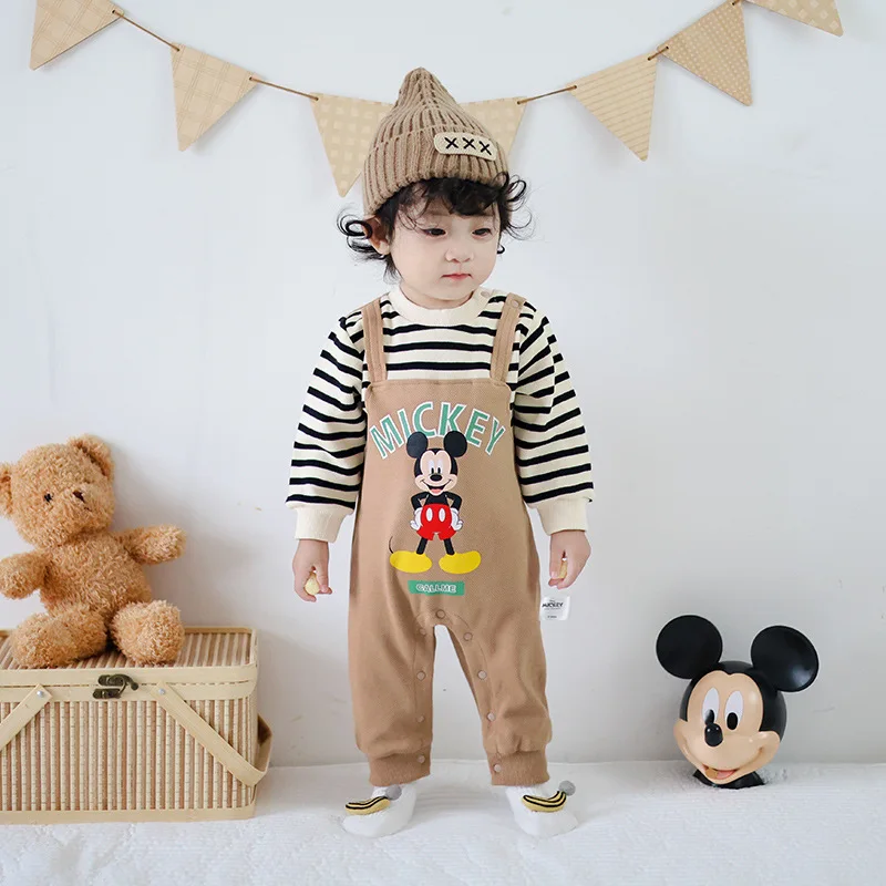 Disney Autumn Baby Boy Romper Cartoon Mickey Mouse splice Long Sleeve Newborn Jumpsuit Kid Outfit Clothes