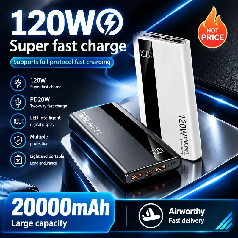 New 50000mAh Ultra Capacity Portable Power Bank 120W Super Fast Charging LED Digital Display for iPhone Mobile Phones