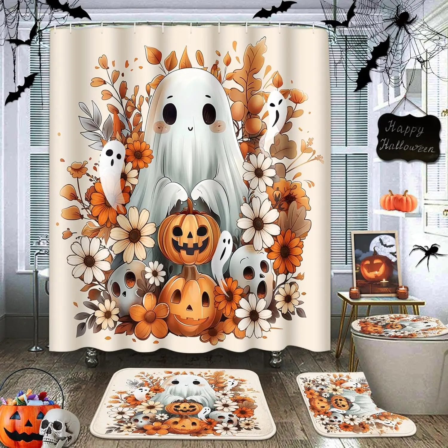 

Набор для ванной комнаты «Призрак тыква» на Хэллоуин с занавеской для душа и ковриком и аксессуарами, осенний набор занавесок для декора ванной комнаты, 4 шт.