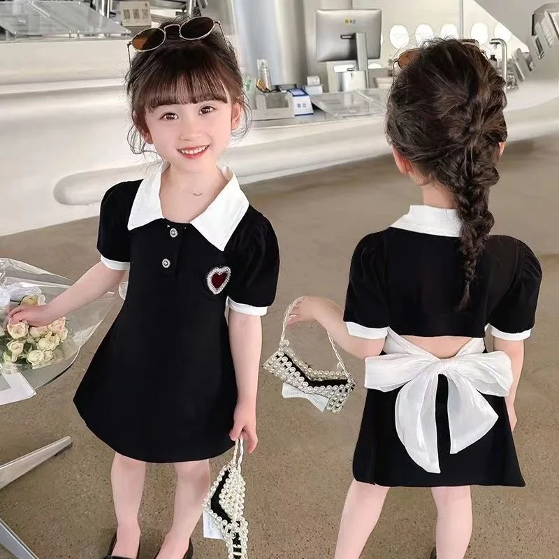 Summer Fashion Baby Girls Backless Top T-Shirt + Skirt Sets with Big Bow Tie Kids 2 Pieces Clothing Outfits For 1-8 Years