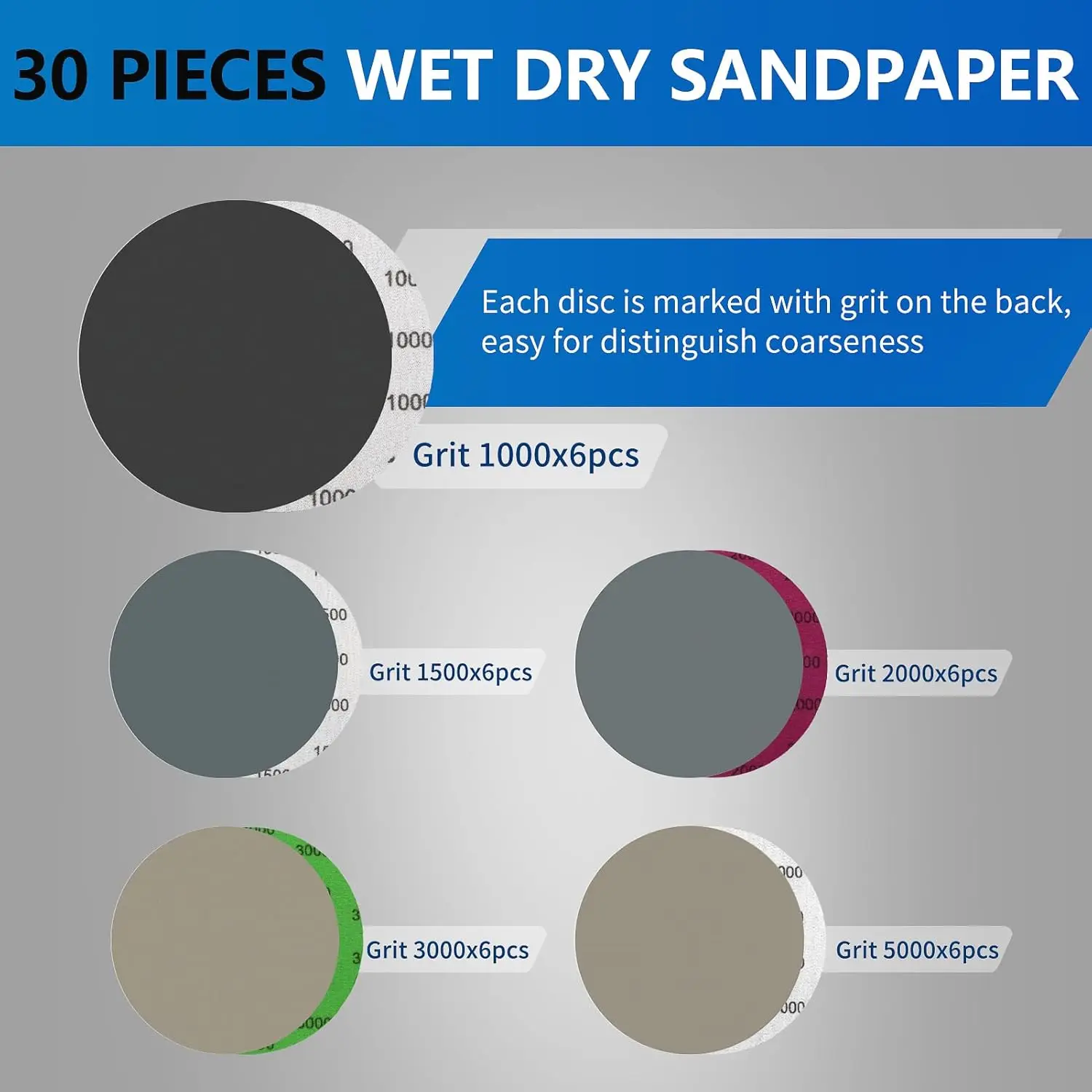 6 Inch Wet Dry Sandpaper 30 PCS Assorted 1000/1500/2000/3000/5000 Grit Hook and Loop for Automotive Wood Metal Polishing