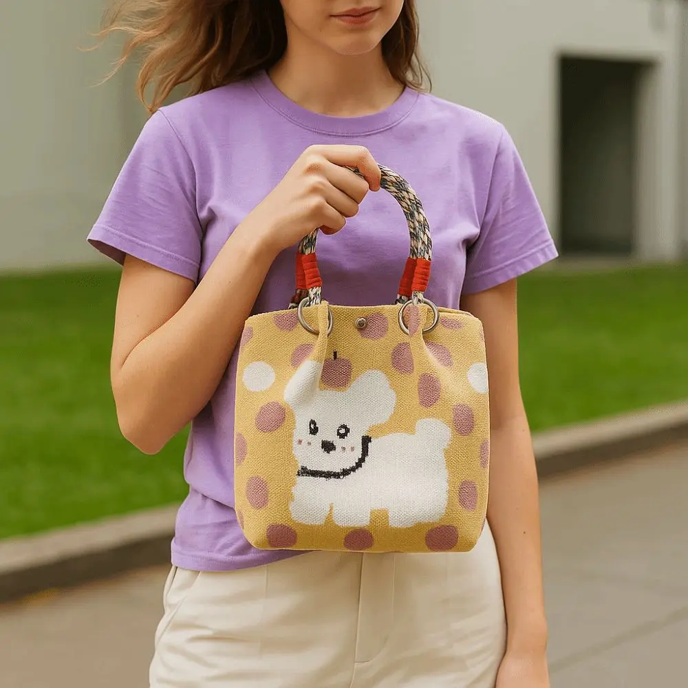 

Fashion Handmade Knitted Handbags Cartoon Dots Dog Pattern Bucket Bag Woven Ring Buckle Large Capacity Handbag Women