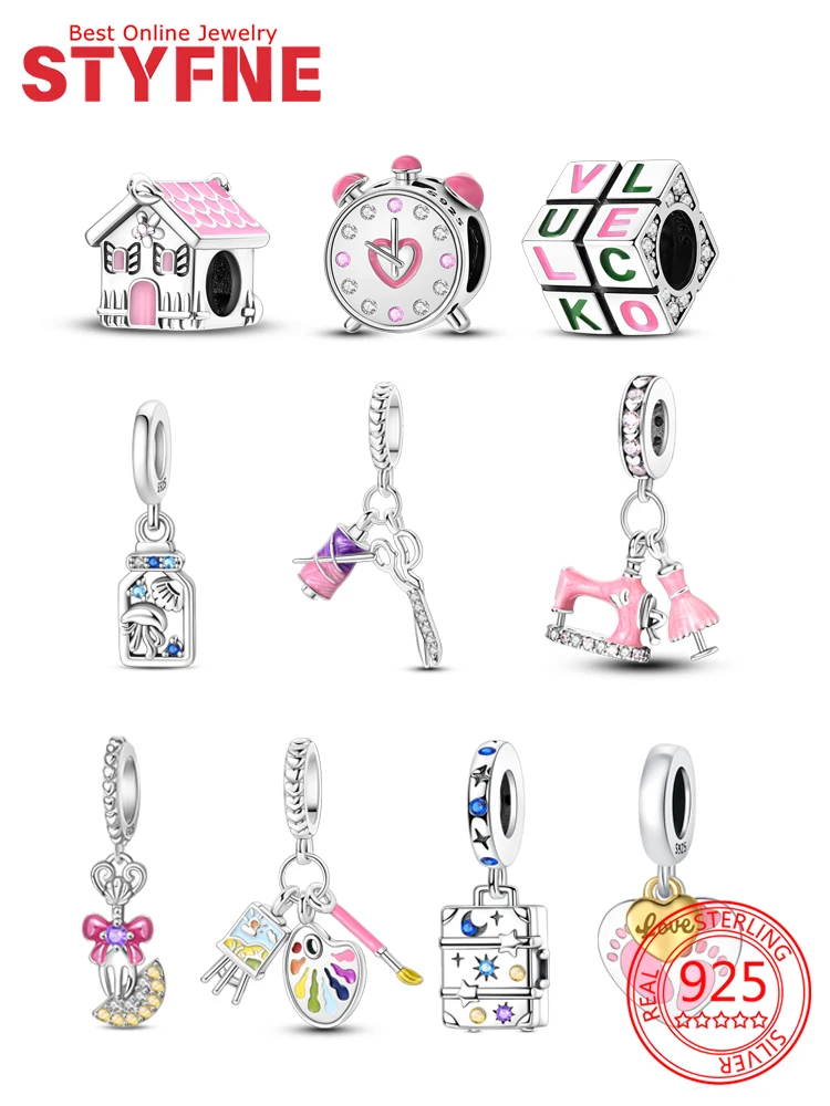 

Original Charms 925 Silver Pink House Alarm Clock Sewing Machine Drawing Board Beads Pendant Fit Bracelet Jewelry Gifts Making
