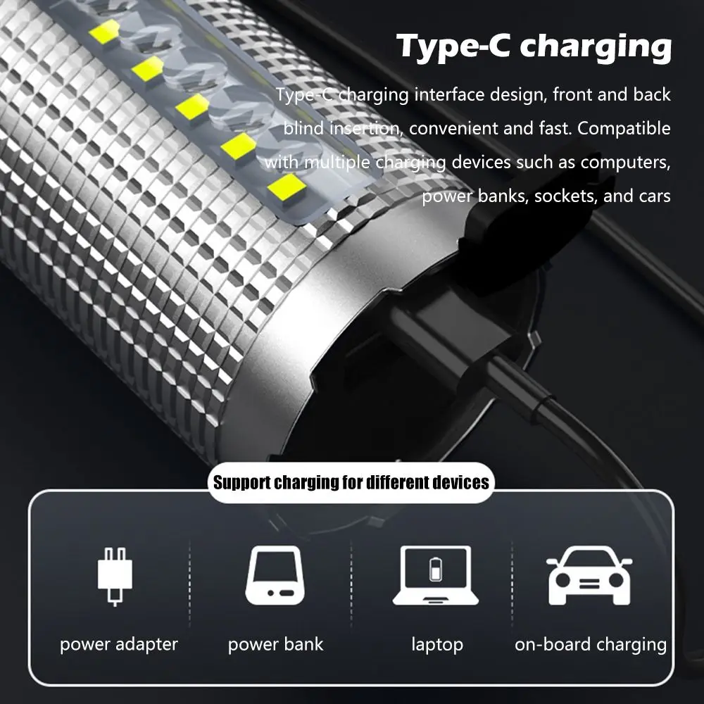 Handheld Type-C Rechargeable LED Flashlight Waterproof Side Light Work Camp Light Aluminum Alloy Powerful Headlamp Emergency
