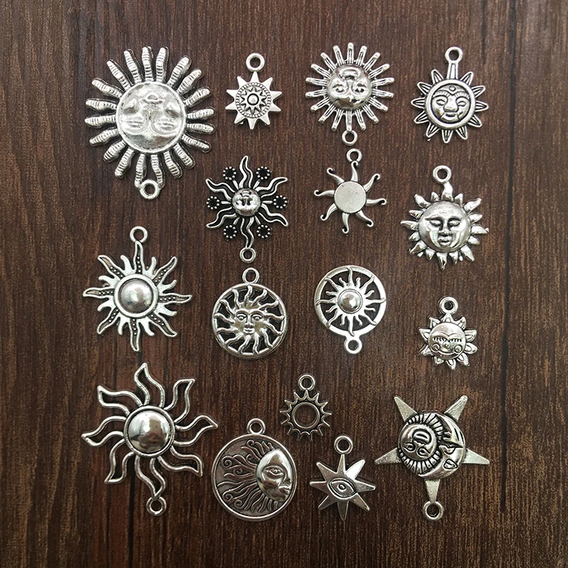 15pcs Zinc Alloy Charms Antique Silver Color Sun Shape Charms Pendants for DIY Necklace Bracelets Jewelry Making Accessories