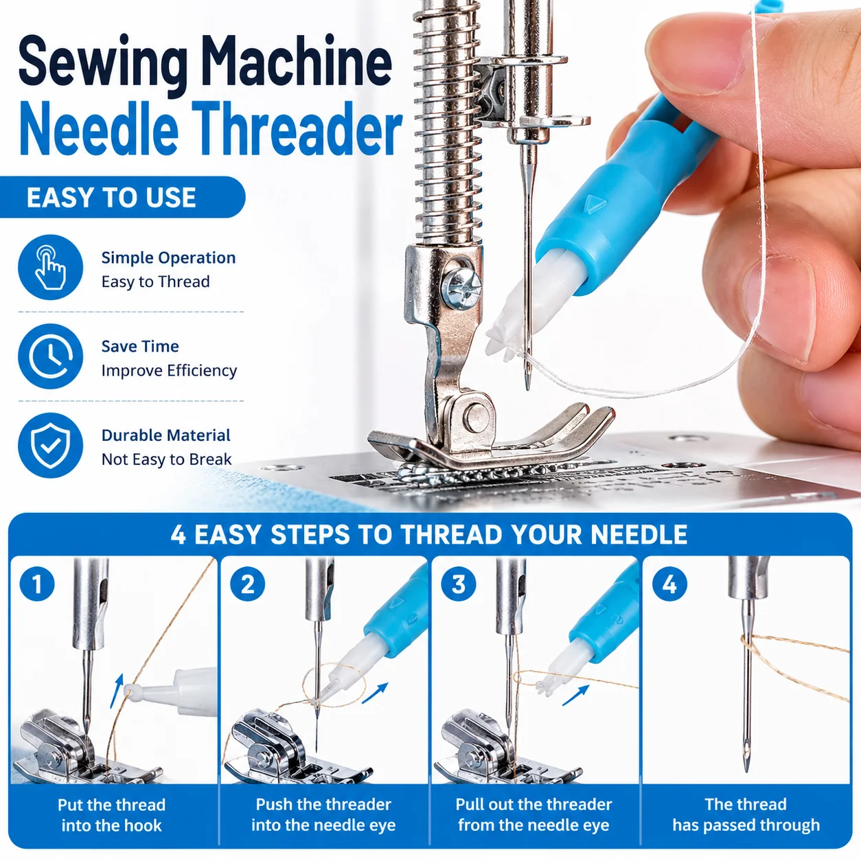 Automatic Sewing Needle Threader, Easy Needle Inserter & Holder, Quick Threading Tool for Hand and Sewing Machine Needles
