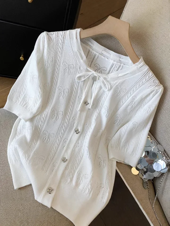 Oco para fora arco doce gelo seda camisola de malha primavera verão manga curta o pescoço solto cardigan topo feminino coreano sólido t