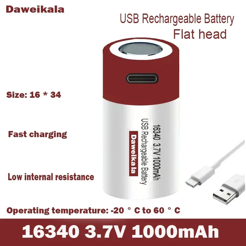 New USB Fast Charging Original Large Capacity 1000 mah CR123A Rechargeable Lithium Battery 3.7V Lithium Battery 16340 Battery