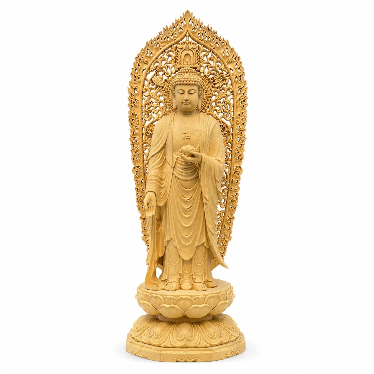 Hand Carved Hinoki Buddha Statue Amitabha Wood Figurine for Traditional Zen Buddhist Temple Home Living Room Decor Gift
