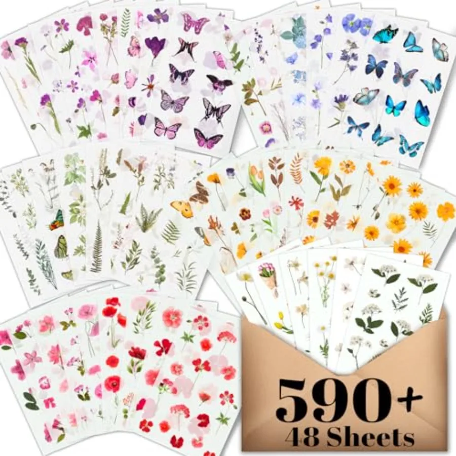 

Flower Stickers for Scrapbooking 590 Pieces, 48 Sheets,Decorative Floral Stickers, Small Flower Sticker for Adults, Pressed Flo