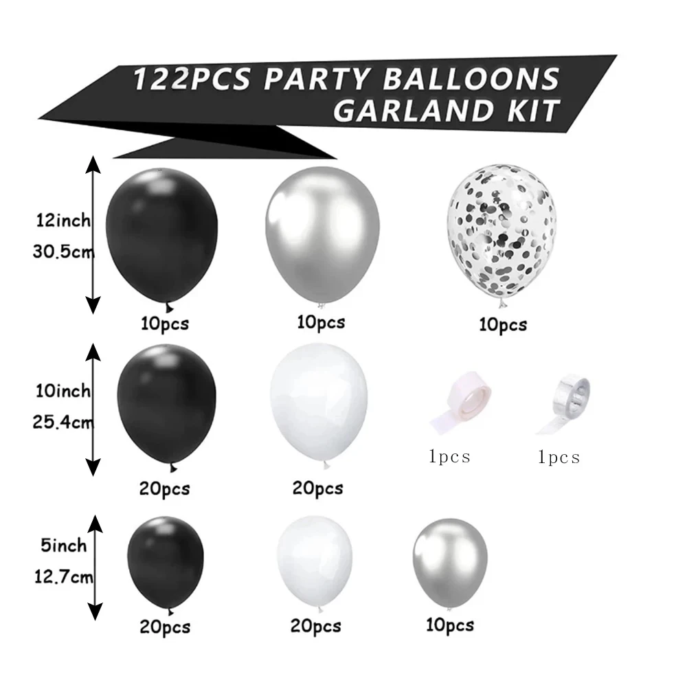 Kit d\'arche de ballons noirs et argentés, décor rigourà thème, décor de mariage, décor intérieur, fournitures de fête, 122 pièces