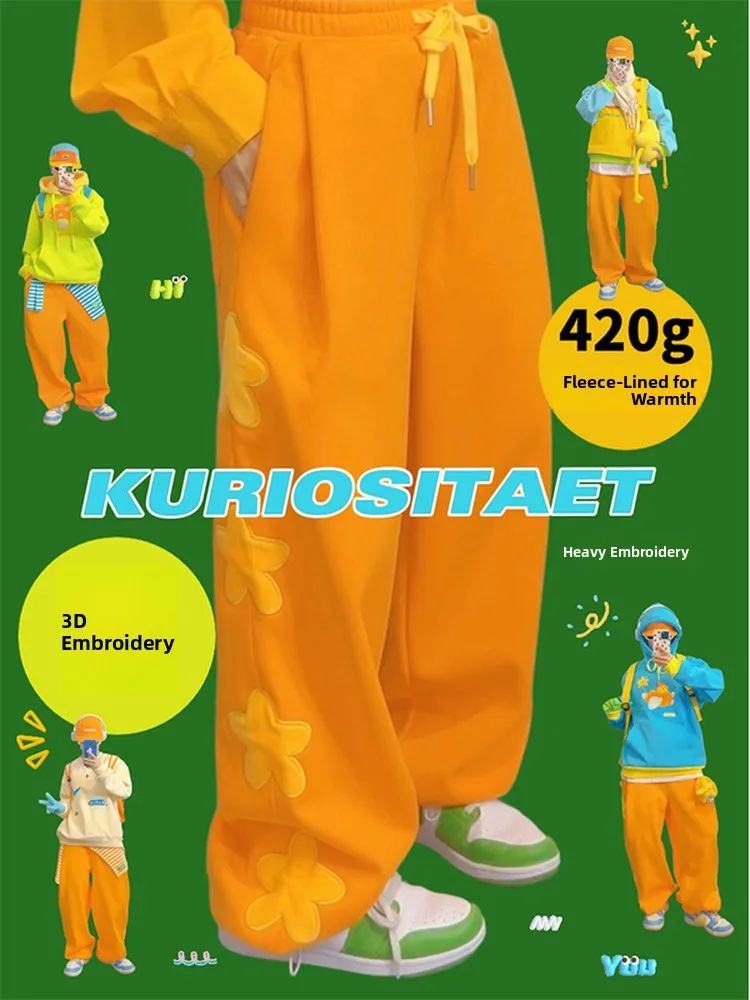  Power Original Orange Fleece Lined Thickened Sporty Loose Straight Leg Pants Women's Winter Small Size Comfortable Casual...