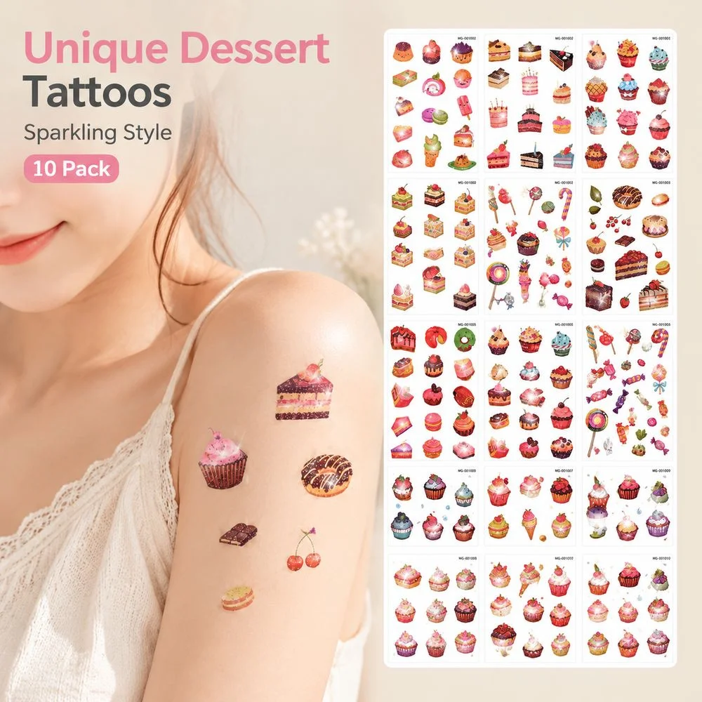 10Pcs Birthday Party Glitter Tattoo Stickers Sweet Cake Dessert Candy Waterproof Temporary Body Decals For Girls Kids DIY Makeup