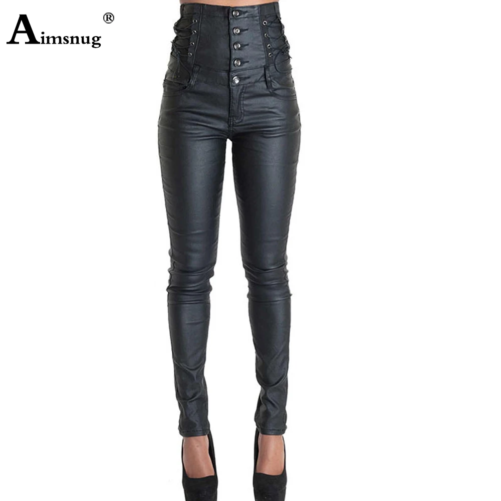 Women Fashion lace-up PU Leather Pants High Waist Female Pencil Pants Girls Multi-Buttons Trousers Black Matte Faux Leather Pant