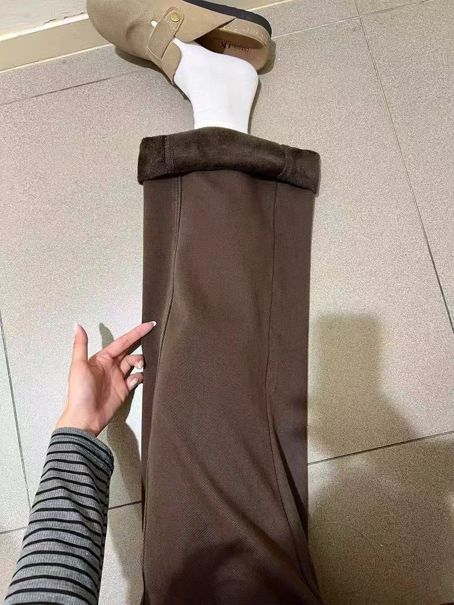 Retro Velvet Thickened Jeans for Women Autumn Winter High Waisted Straight Leg Denim Pants Female Casual Warm Wide Leg Pants