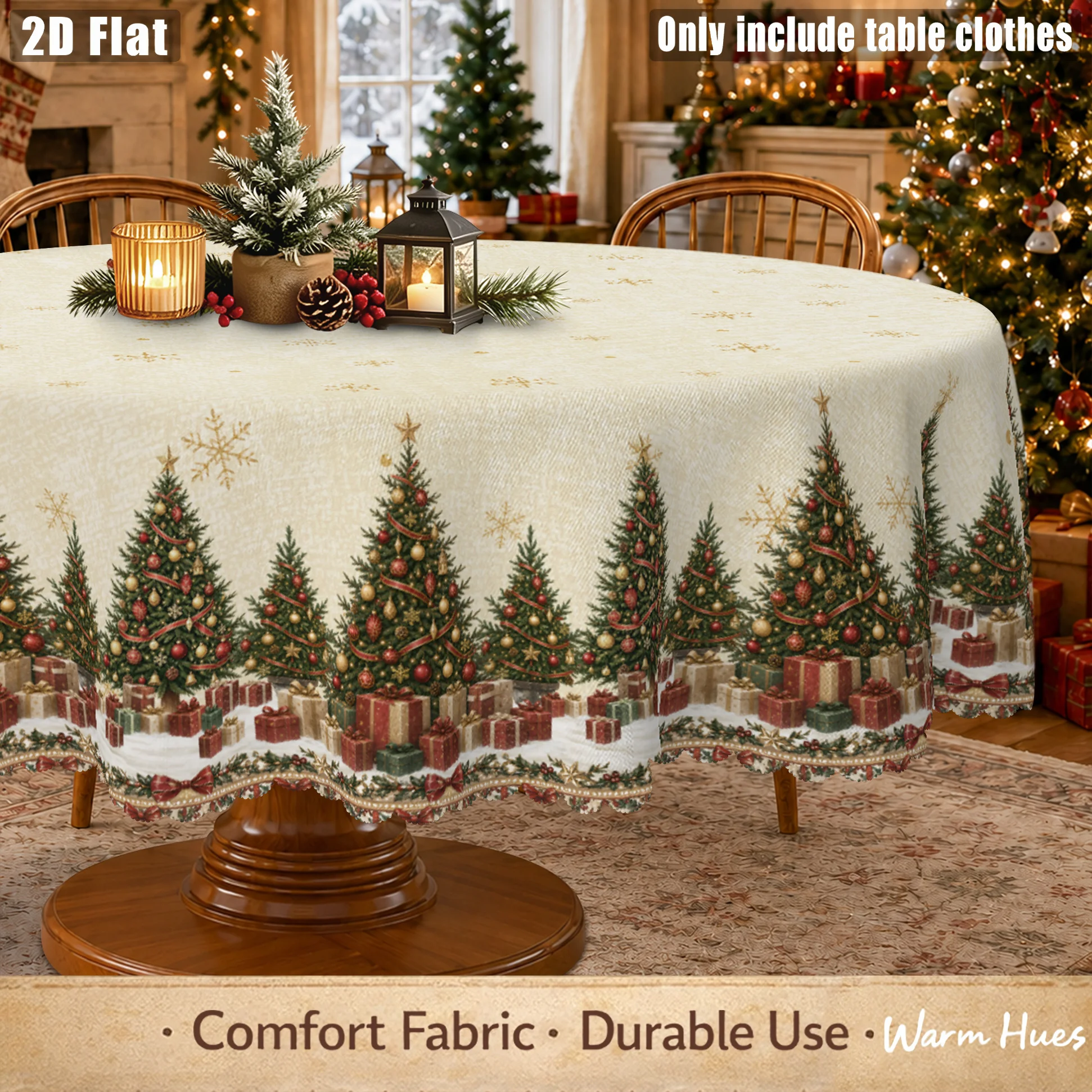 1 piece, cream Christmas tree tablecloth, gift box, snowflake, pine branch bow print