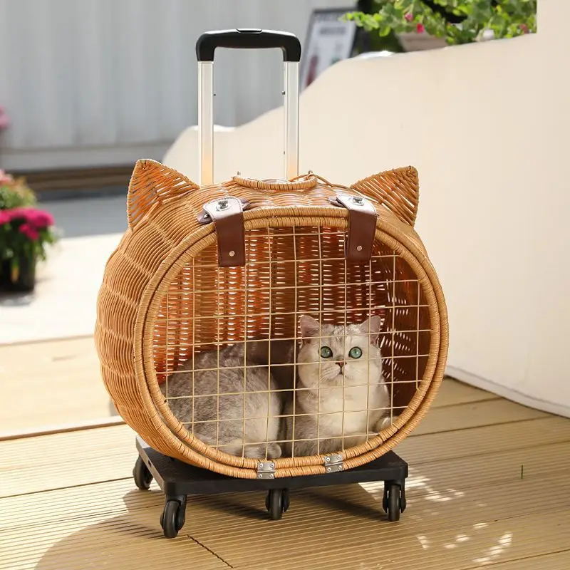 

New Style Rattan Plaited Weaving Pet Carrier Dog And Cat Trolley Bag For Dog Travel Outside