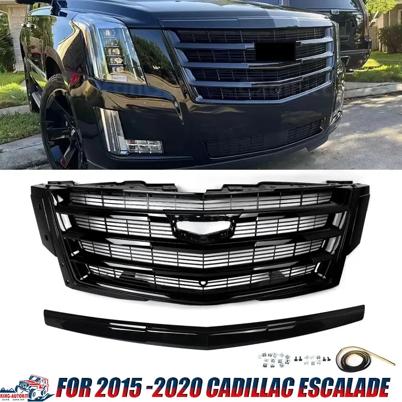 Magickit Front Grille + Hood Molding Trim Replace For Cadillac Escalade 2015-2020 Platinum Front Bumper Upper Grill Glossy Black