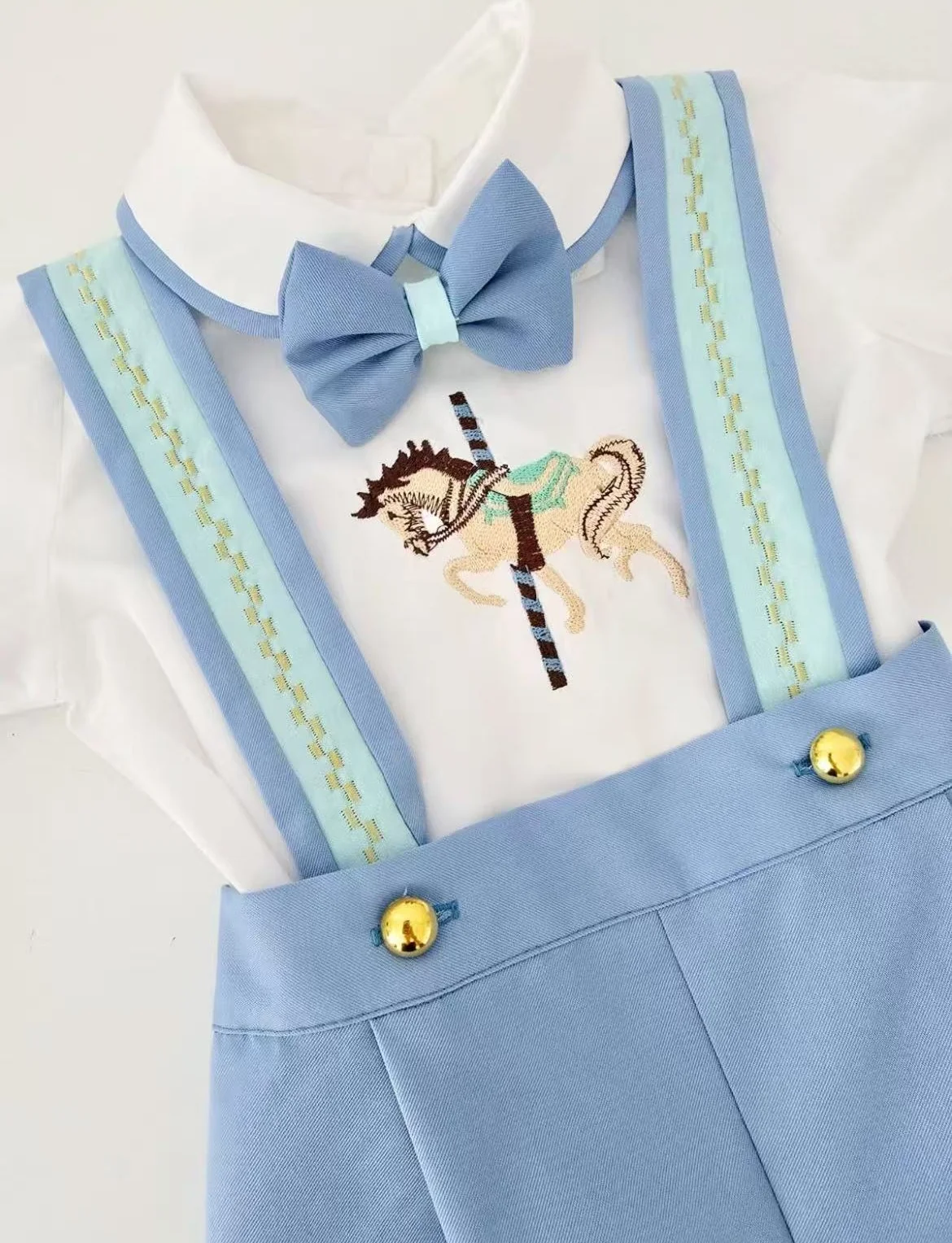 0-6Y Baby Boy Summer Merry-go-round Embroidery Blue Outfit Suit for Birthday Photography Party Holiday B399