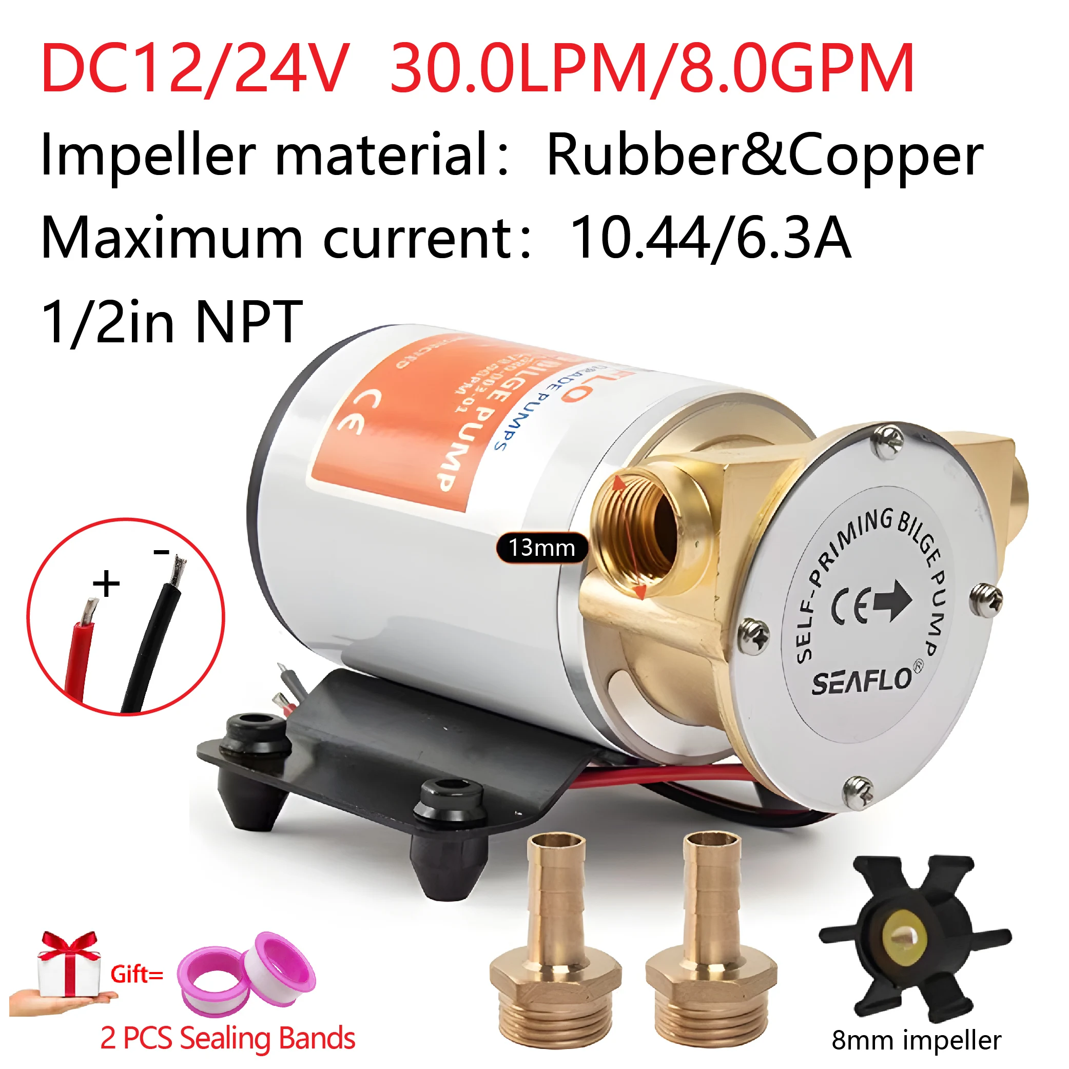 

Copper Head Impeller Pump DC12/24V 30LPM Electric Flushing Drainage Pump, Marine High-flow Yacht Impeller Self-priming Pump.