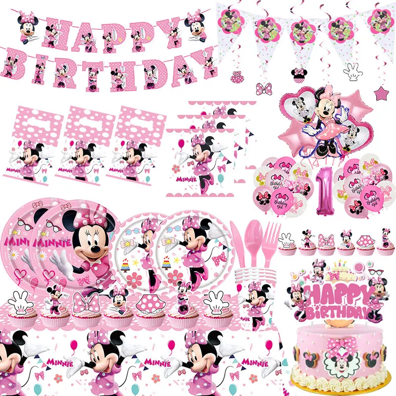 Disney Minnie Mouse Decoration Minnie Mouse Birthday Party Tableware Balloon Cup Plate Banner tablecloth Background Kid Supplies