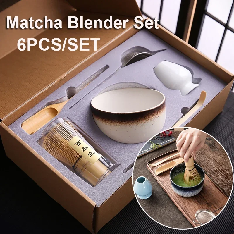 6Pcs/set Tea Whisk Brush Set Bamboo Matcha Whisk Scoop and Holder Matcha Bowl with Strainer Japanese Matcha Ceremony Accessory