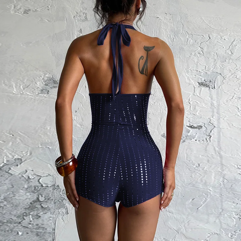 بدلة نسائية صيفية أنيقة ومثيرة بقصة ضيقة من حجر الراين عميقة على شكل حرف V ملابس نسائية بدون أكمام