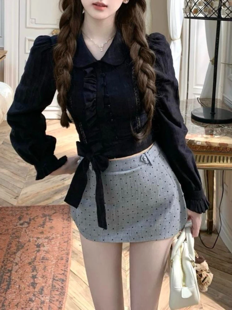 Elegant French Vintage Two Piece Set Women Black Chic Long Sleeve Top + Gray Skirt Outfit New Fashion Slim Aesthetic Autumn Suit