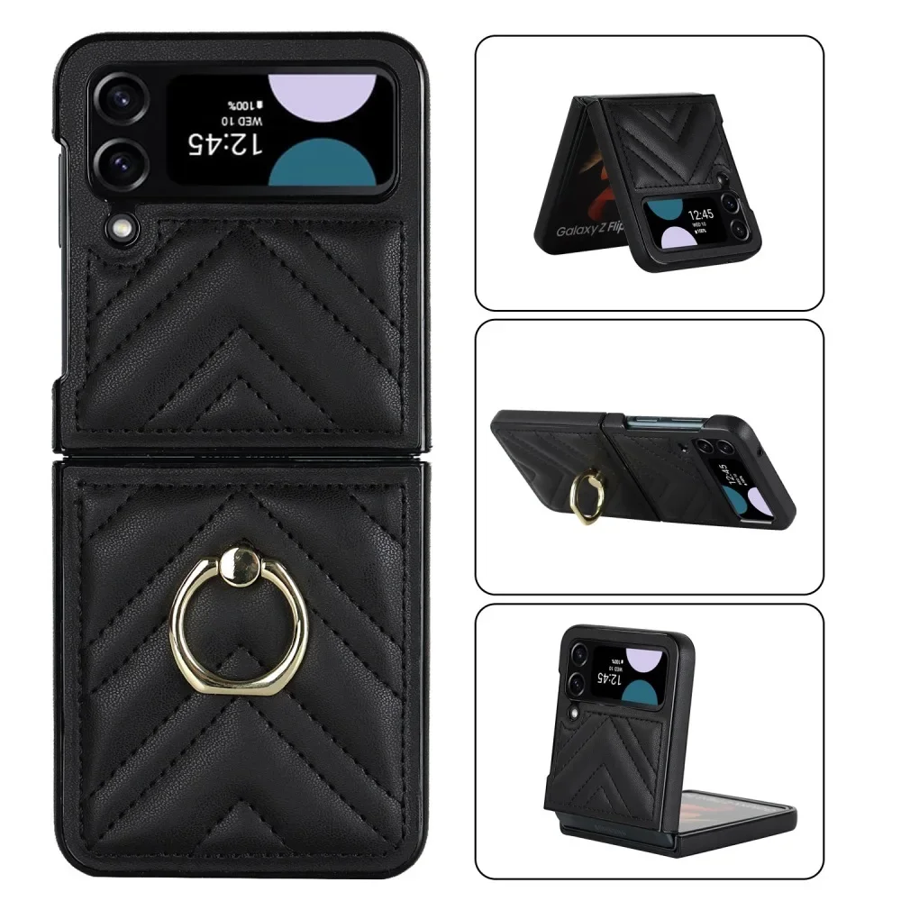 Solid Color Leather Flip Phone Case for Samsung Galaxy Z Flip6 & Z Flip5 with Finger Ring