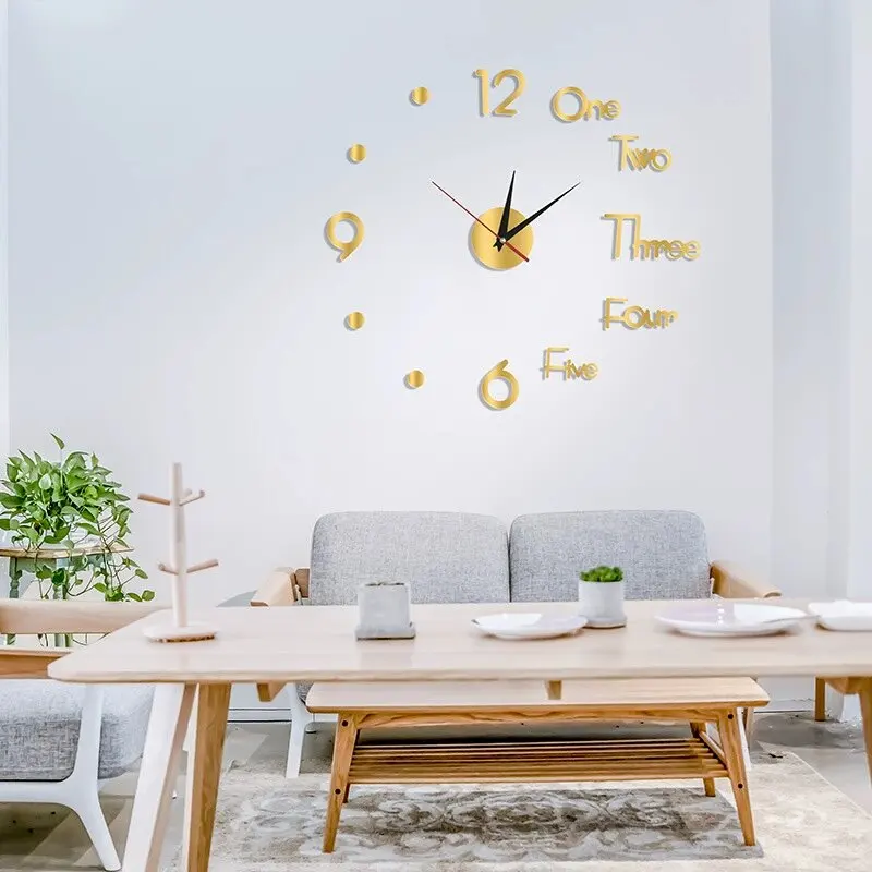 3D DIY Silent Wall Clock Black/Gold/Silver Simple Modern Punch-Free Wall Sticker Clock