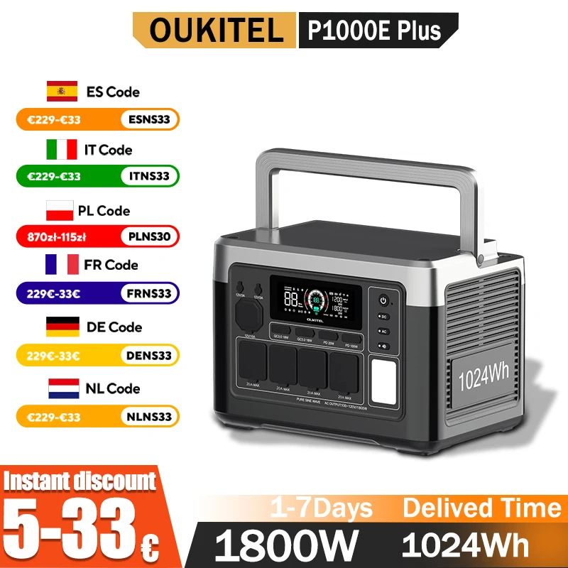 OUKITEL P1000E Plus Portable Power Station 1800W Output Power 1024Wh Capacity LiFePO4 Family Outdoor Camping Backup Powerstation