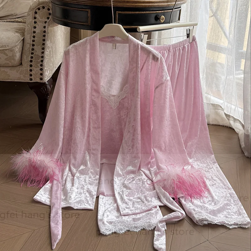 

Luxury 3Pcs Pajamas Suit Women Feather Sleeve Cami Top Robe Pants Sleepwear Warm Velour Nightwear Warm Pyjamas Femme Loungewear