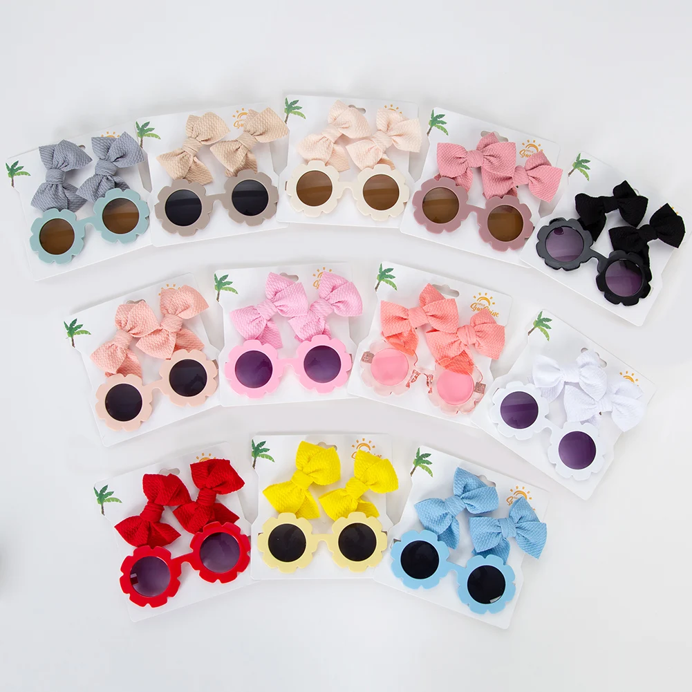 12Sets/Lot Flower Sunglasses 8.5cm Baby Girls Hair Clips Bullet Fabric Princess Hair Bows Hairpins Kids Outdoor Sun Glasses