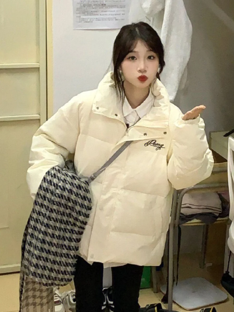 

Korean Design Thickened Warm Cotton Jacket Women Winter Stand Collar Embroidery Student Bread Trendy Long Sleeve Zipper Closure