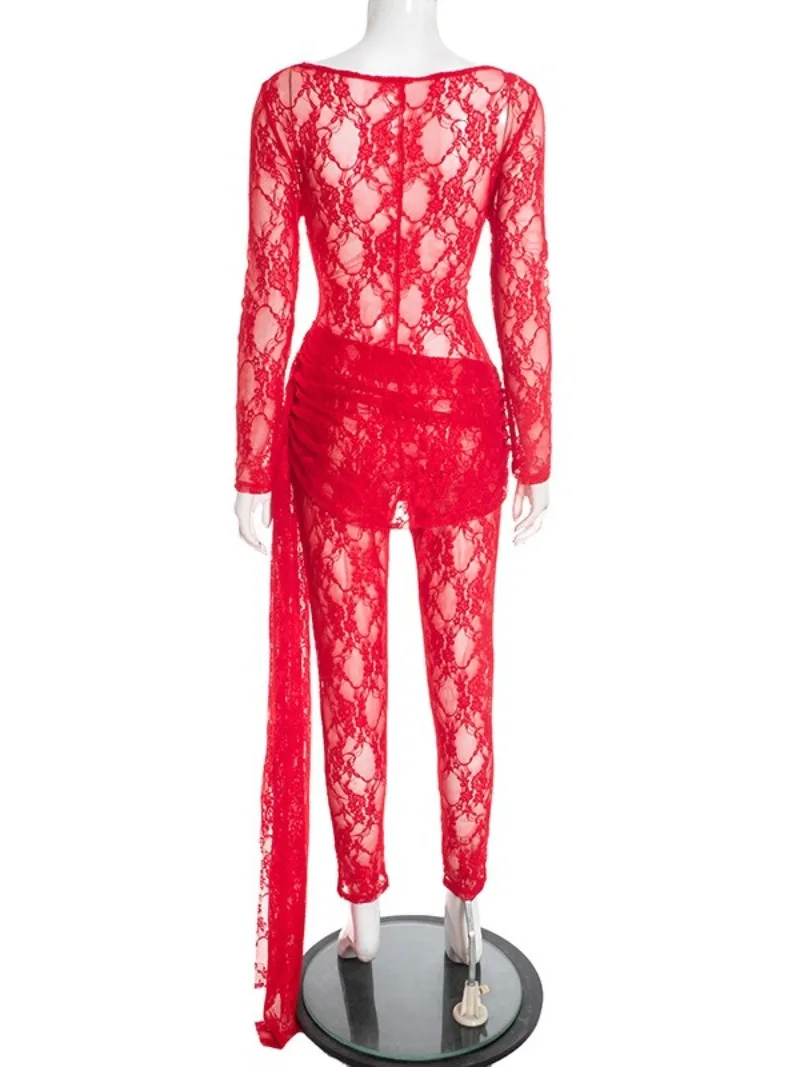 FDYOUI Frauen Langarm Durchsichtige Spitze Bodys Overall Bandage Aushöhlen Einteilige Hochzeit Party Overalls Rot Schwarz Weiß