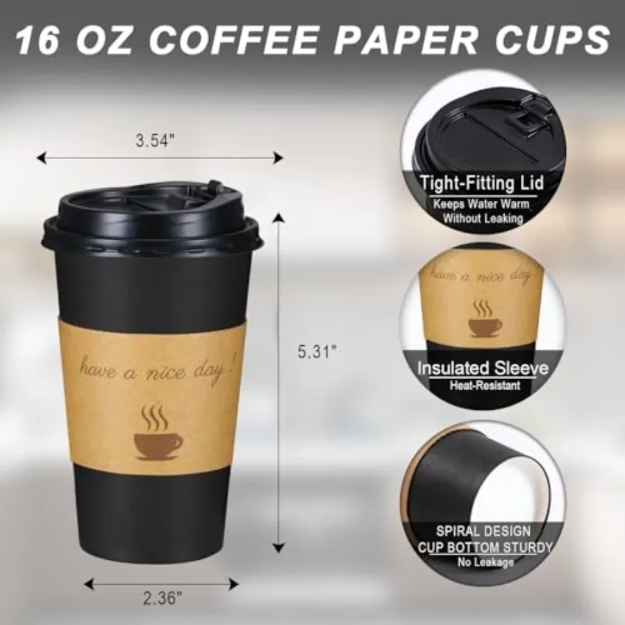 500 Pack 16 oz Disposable To Go Paper Coffee Cups with Lid for Cafe Travel and Home Use Hot Insulated Cups with Lids Stir Stick view 2