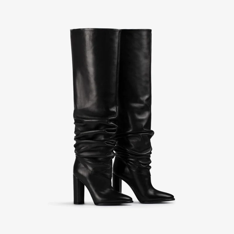 Autumn and winter new pointed side zipper pleated thick heel knee-length boots banquet daily large-size high-heeled women's boot