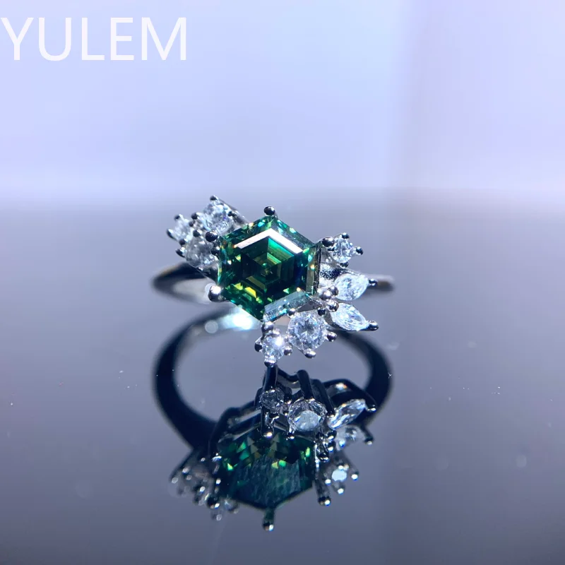 YULEM 925 Sterling Silver 1CT Hexagon Green Moissanite Diamond Ring for Women Wedding Engagement Jewelry Pass Diamond Selector