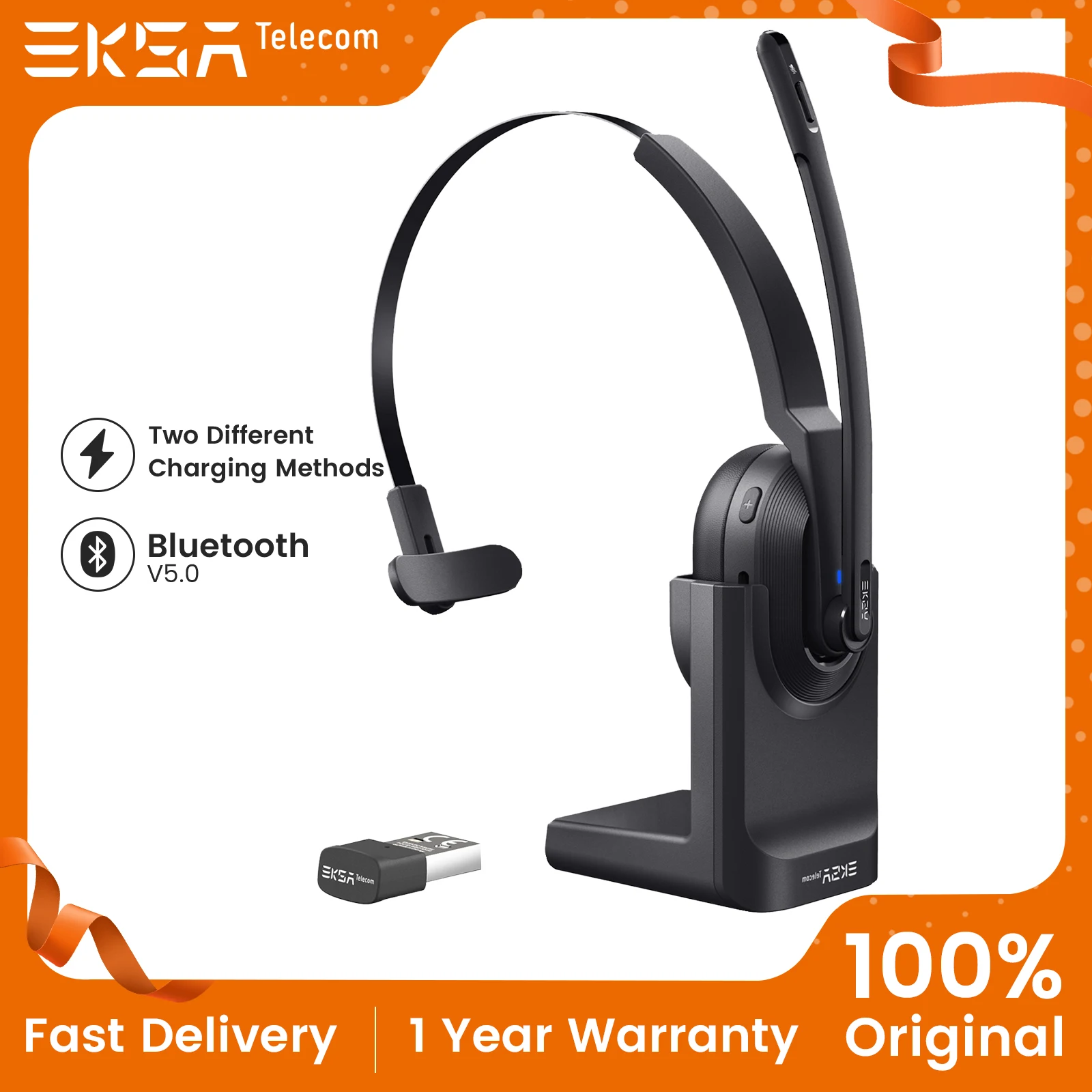 EKSA H5 Bluetooth 5.0 Headphonesfor calling with 2 ENC Mic center earphone with Charging Base USB Dongle for Office