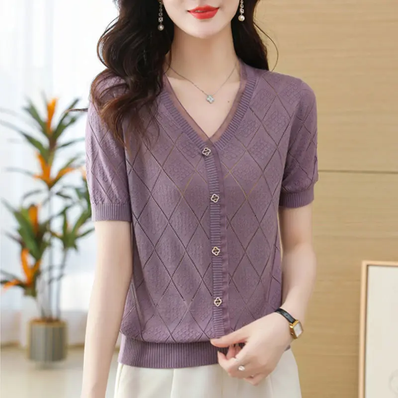 الدانتيل الخامس الرقبة محبوك فضفاضة قصيرة الأكمام تي شيرت المرأة الجديدة وهمية مفتوحة سترة شيك الحرير الجليد الأعلى