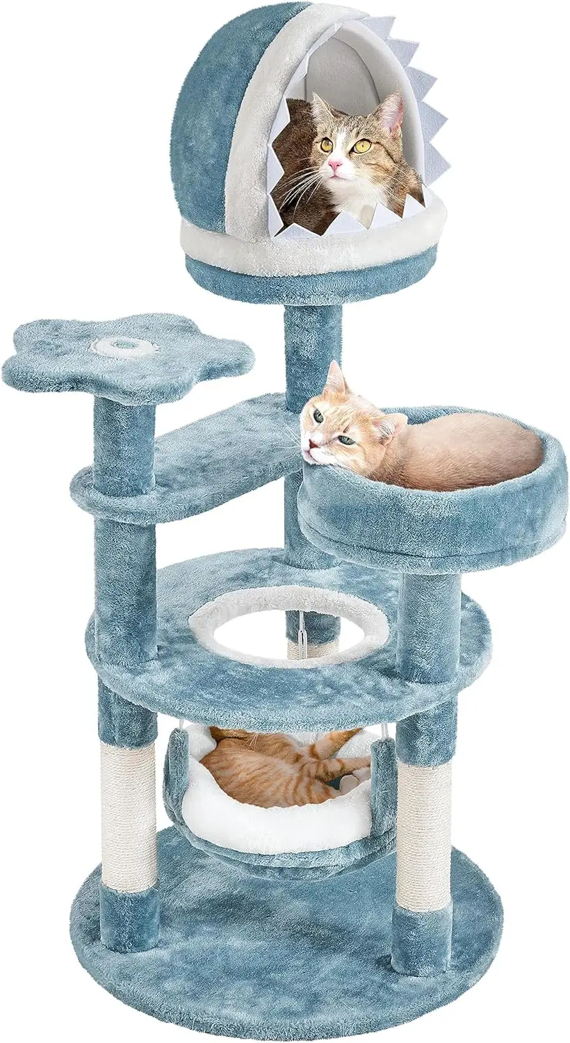 45.5in Ocean-Themed Cat Tree Multi-Level Cat Tower, Plush Cat Furniture with Shark's Mouth-Shaped Nest, Sea Star-Shaped Perch