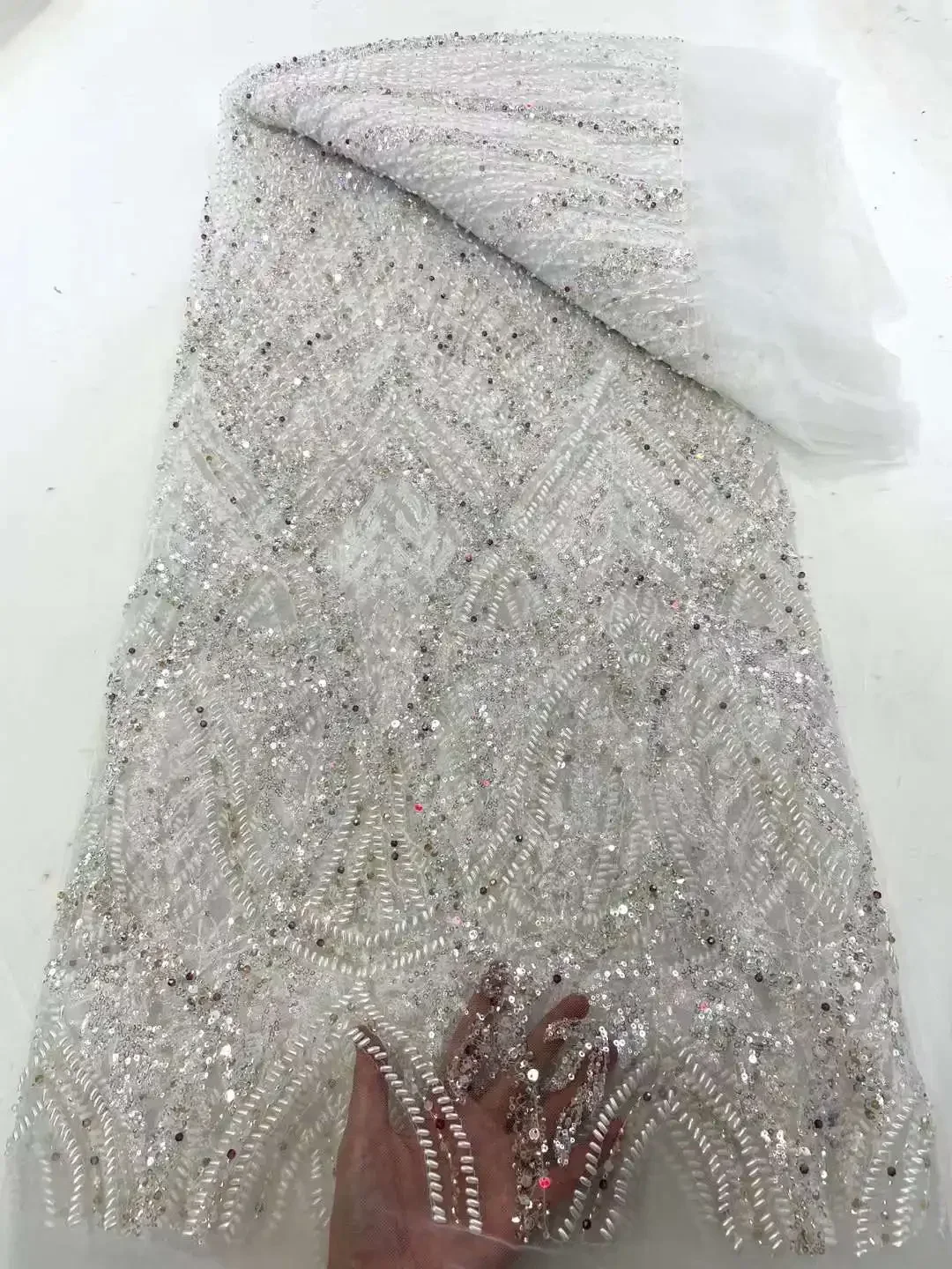 Luxury High-end Long Tube Rice Bead Lace Fabrics for Wedding Dresses Luxury Hand Crystal Beads and sequin Tulle Mesh Material