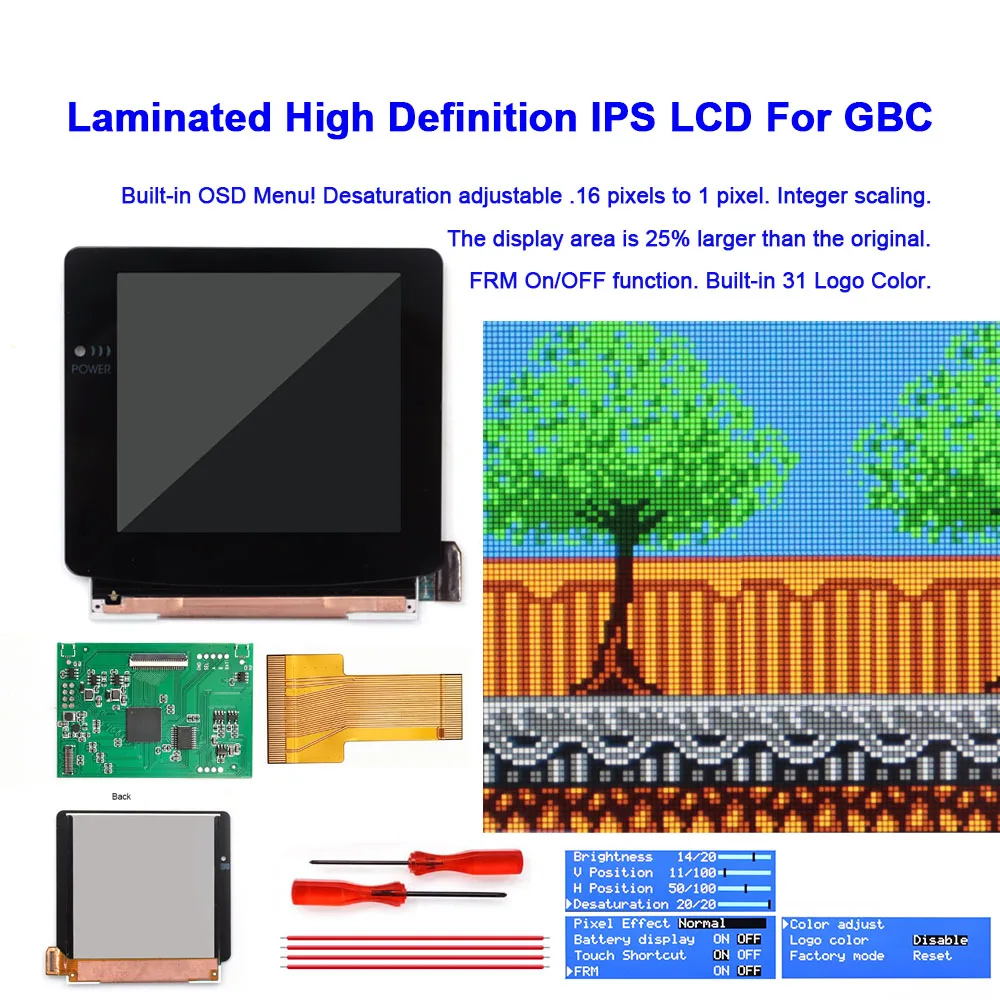 hispeedido-31''-for-gbc-hd-laminated-q5-ips-lcd-retro-pixel-kits-build-in-osd-flush-mounted-installation-for-gameboy-color