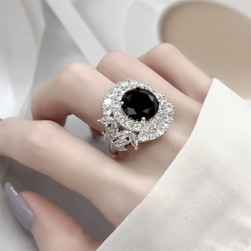 Sterling silver vintage-style high-end colored gemstone black zircon ring for women, open-end index finger ring, fashionable