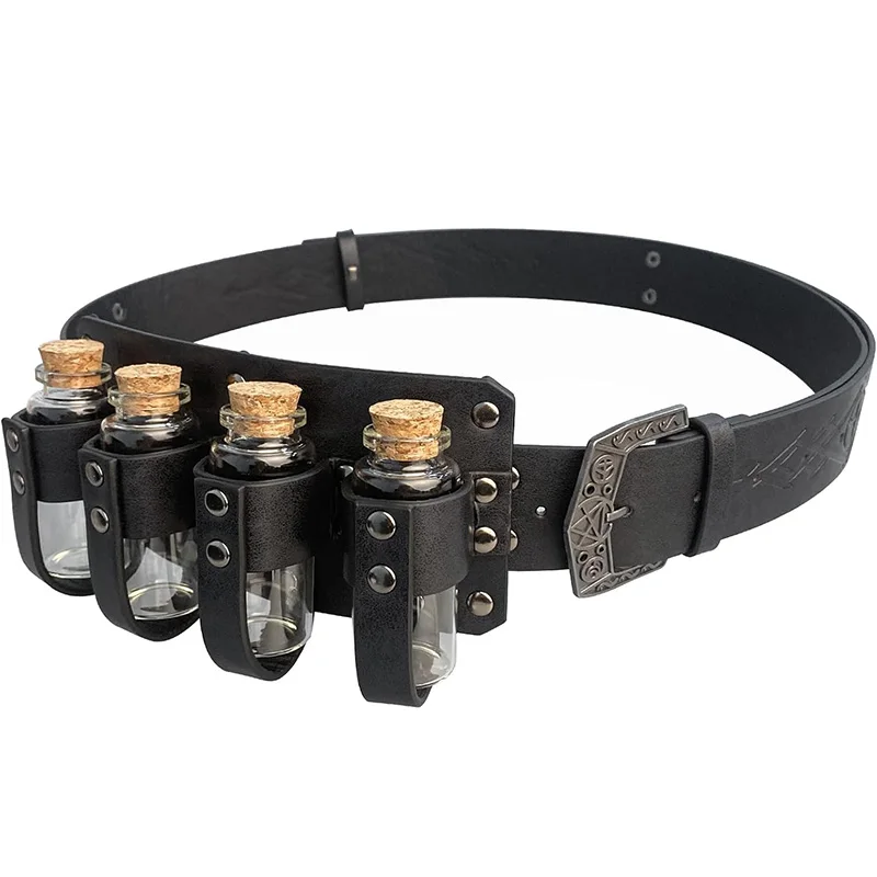 1PC/2pcs medieval Pu leather belt and 4 Cork vials set fantasy witch potion  bottle belt relief alchemy Halloween LARP