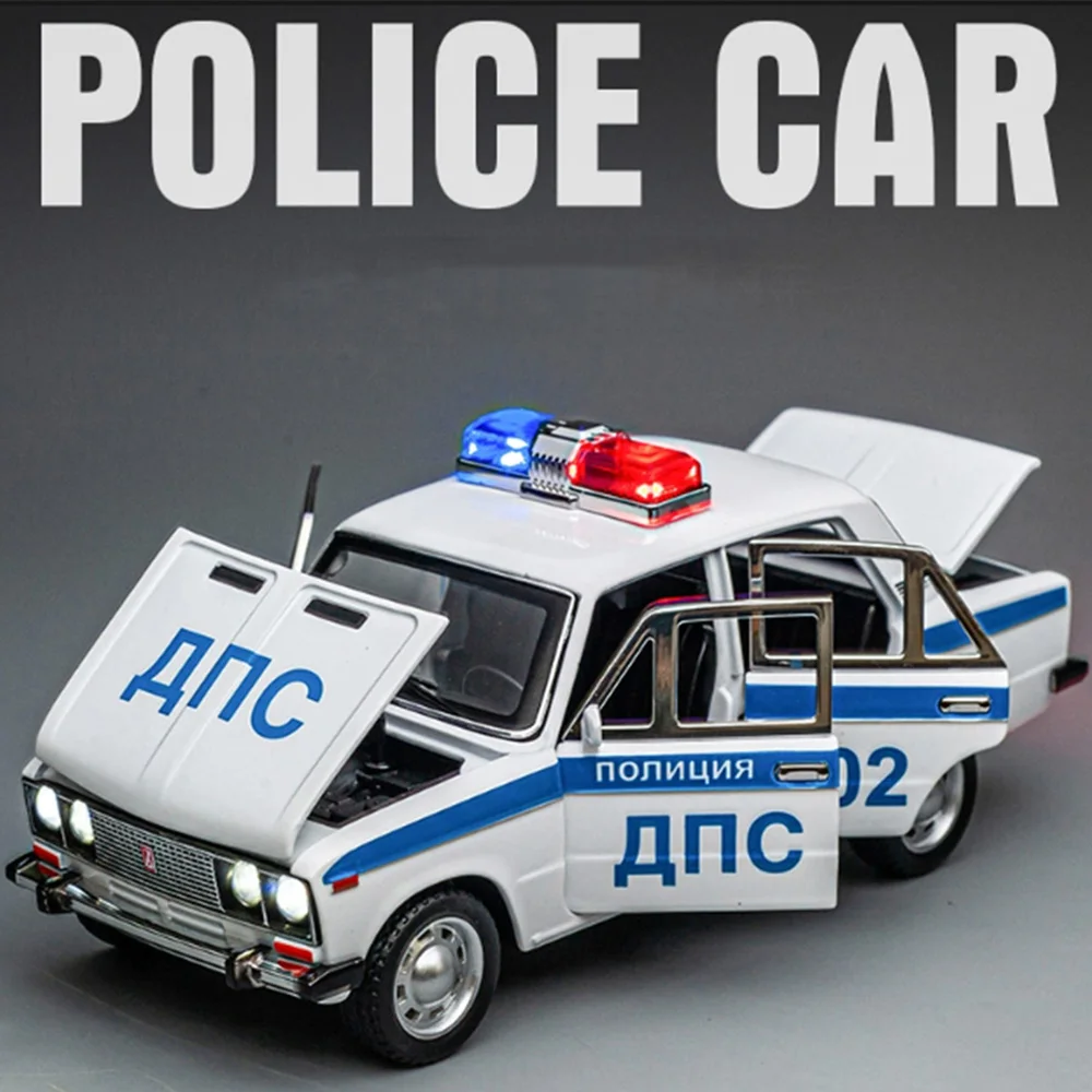 1:24 Lada Police Car Model Toys Alloy Diecast Mini Cars 6 Doors Opened Pull Back Sound Light Ornament Vehicles Children Presents