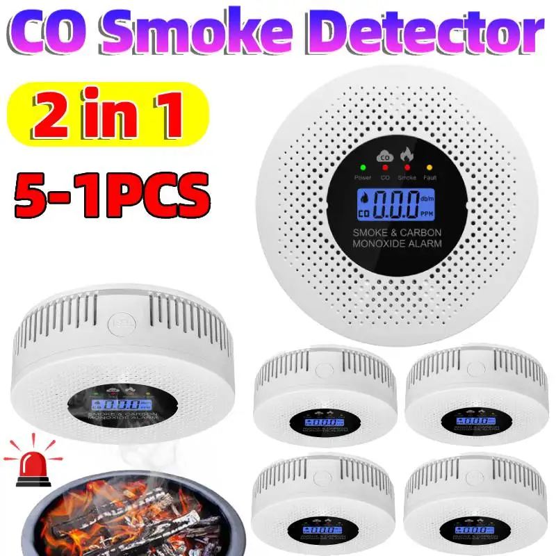 

1-5Pcs Smoke and Carbon Monoxide Alarm with LCD Display 2 in 1 Fire Alarm and CO Detector Powered by Battery for House Kitchen